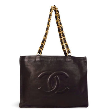 CHANEL Vintage black calfskin large golden chain large shoulder bag with CC stitch mark
