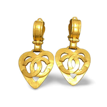 CHANEL Vintage Gold tone large heart dangle earrings with CC mark
