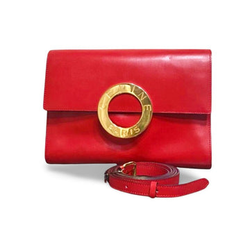 CELINE Vintage red genuine leather shoulder bag, clutch purse with golden hoop logo