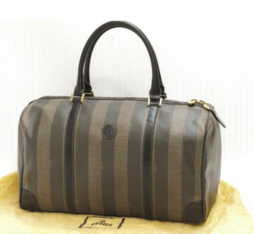 FENDI Vintage gray pecan stripe speedy style duffle bag, handbag purse with black leather trimmings