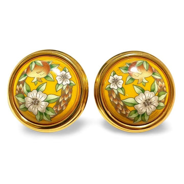 HERMES Vintage cloisonne enamel yellow and golden round earrings with flower and pomegranate