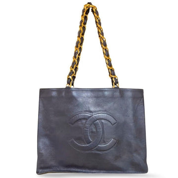 CHANEL Vintage black calfskin large golden chain shoulder tote bag with large CC stitch mark