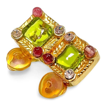 CHANEL Vintage mini golden square earrings with green, pink, and clear gripoix stone