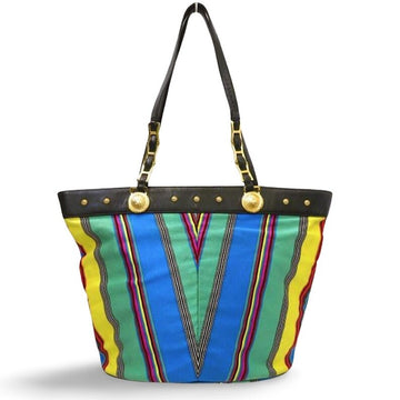 GIANNI VERSACE Vintage trapezoid shoulder tote bag in blue, yellow, green and other color fabric and black leather combination