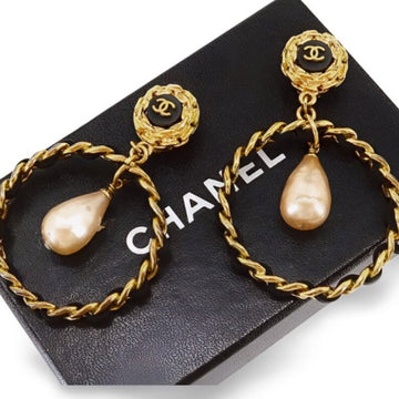 CHANEL Vintage extra large round hoop earrings with black leather, CC mark, and teardrop faux pearl