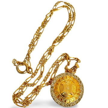 CELINE Vintage golden round logo with rhinestone pendant top skinny chain necklace