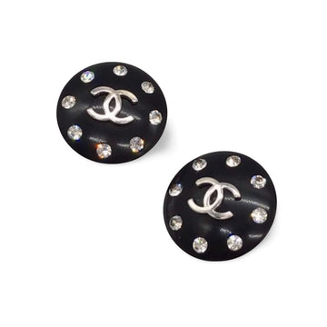 CHANEL Vintage black plastic earrings with rhinestone crystals and CC motif