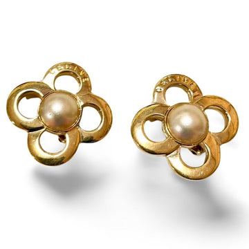 CELINE Vintage golden clover, flower earrings with faux pearl