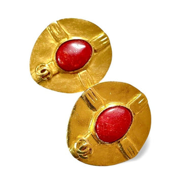CHANEL Vintage oval golden earrings with red stone and CC mark