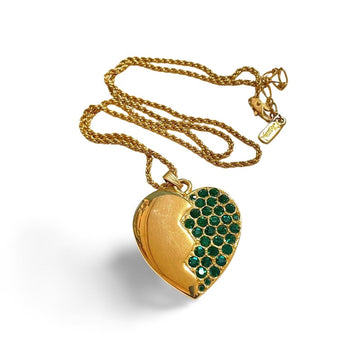 YVES SAINT LAURENT Vintage golden chain necklace with heart and green crystal pendant top