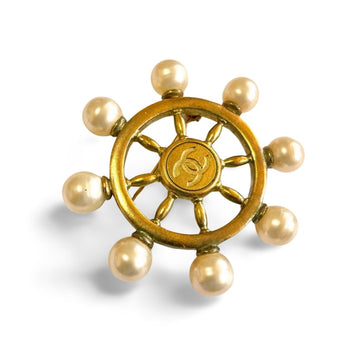 CHANEL Vintage golden ship rudder design brooch with faux pearls and CC mark