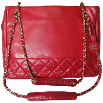 CHANEL Vintage red calfskin classic shoulder tote bag with gold tone chains and CC charm