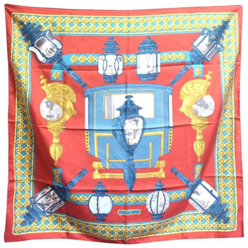 HERMES Vintage large carre twill silk scarf in light brick red, blue, and gold