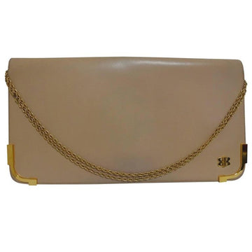 BALLY Vintage nude beige leather chain shoulder bag, can be clutch purse with gold tone logo motif and frames