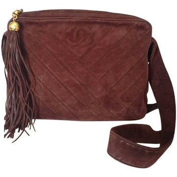 CHANEL Vintage dark brown V stitch suede leather shoulder bag with CC stitch mark and long tassel
