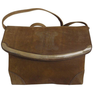 CELINE Vintage genuine suede tanned brown leather shoulder bag, clutch purse with golden frame flap and embossed macadam blason logo