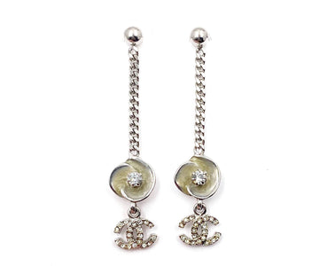 CHANEL Ivory Enamel Camellia CC Crystal Chain Dangle Piercing Earrings