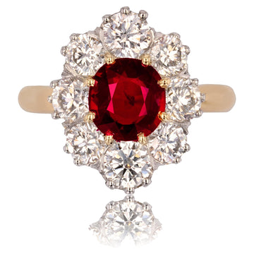 Antique Style Ruby Diamonds 18 Karat Yellow Gold Platinum Daisy Ring