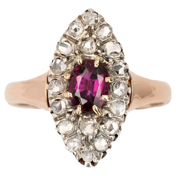 19th Century Garnet Diamonds 18 Karat Rose Gold Marquise Ring