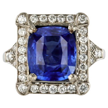 Art Deco Style French 5 Carat Ceylon Sapphire Diamond 18 Karat White Gold Ring