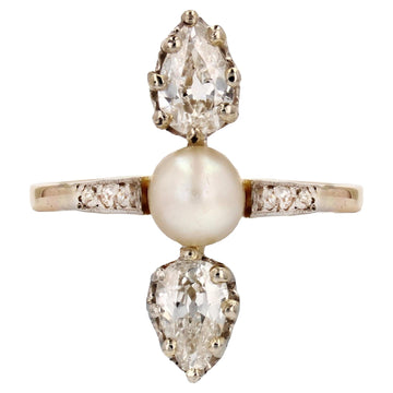 19th Century Natural Pearl Pear- Cut Diamonds 18 Karat Yellow Gold Ring