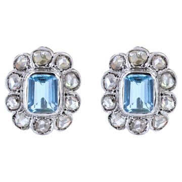 1930s Aquamarine Diamonds 18 Karat White Gold Daisy Stud Earrings