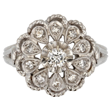 french 1950s Diamonds 18 Karat White Gold Retro Flower Ring