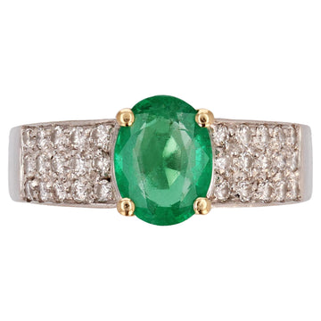 French Modern 1.10 Carat Emerald Diamonds 18 Karat White Yellow Gold Ring