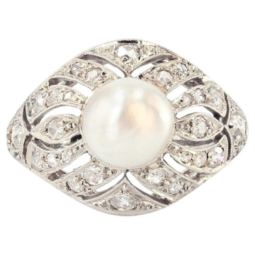 French 1930s Art Deco Certified Natural Pearl Diamonds 18 Karat White Gold Ring
