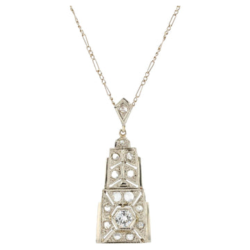 French Art Deco Diamonds 18 Karat White Gold Pendant Necklace