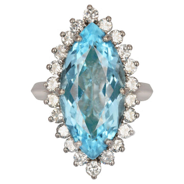 French 1970s Aquamarine Diamonds 18 Karat White Gold Marquise Ring