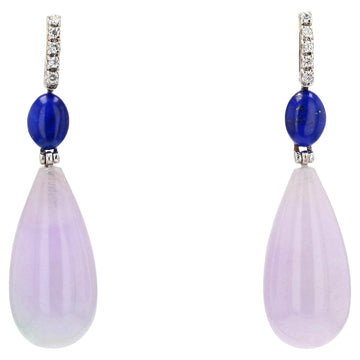 Art Deco Style Purple Jade Lapis Lazuli Diamond Dangle Earrings