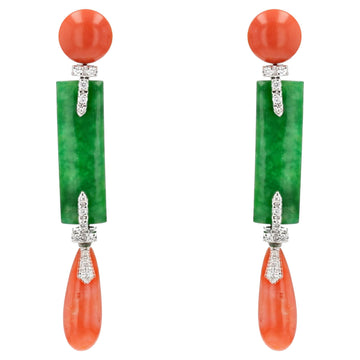 Art Deco Style Coral Jade Diamonds Dangle Earrings
