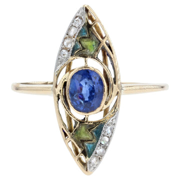 1900s Art Nouveau Sapphire Enamel 18 Karat Yellow Gold Ring
