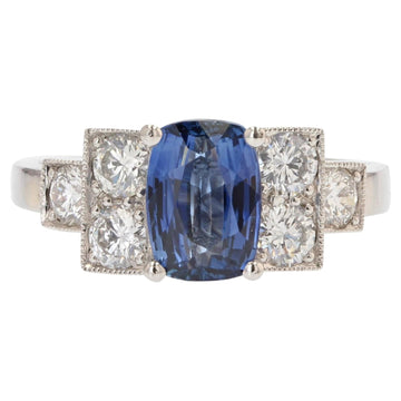French Modern 2, 03 Carat Sapphire Diamonds Art Deco Style Ring