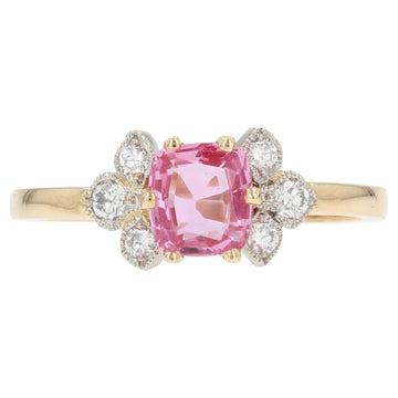 French Modern Pink Sapphire Diamonds 18 Karat Yellow Gold Thin Ring
