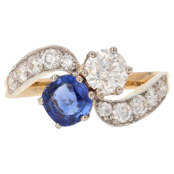 French Modern Blue Sapphire Diamonds 18 Karat Yellow Gold You and Me Ring