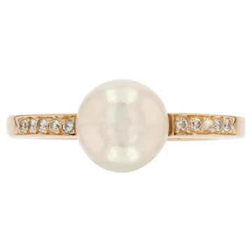 French Modern Diamonds Cultured Pearl 18 Karat Yellow Gold Flat Ring