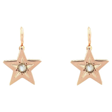 French 19th Century Pearl 18 Karat Rose Gold Lever-Back Star Earrings