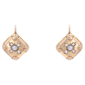 French 19th Century Pearl Diamonds 18 Karat Rose Gold Lever, Back Earrings
