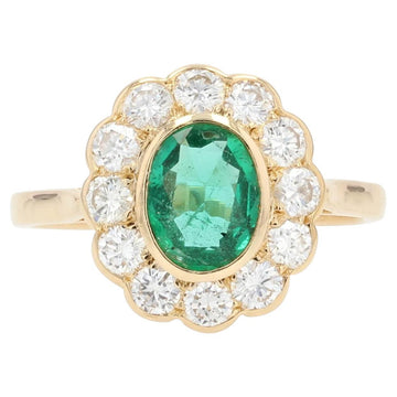 French 1980s Emerald Diamond 18 Karat Yellow Gold Pompadour Ring