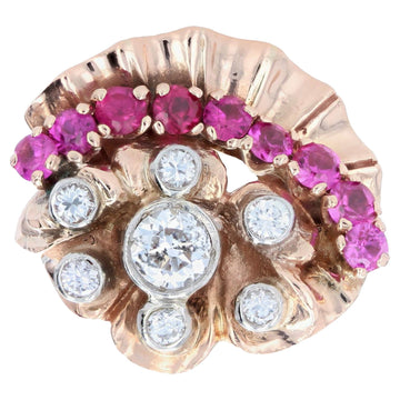 1940s Retro Rubis Diamonds 14 Karat Rose Gold Ring