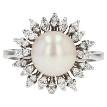 1970s, Cultured Pearl Diamonds 18 Karat White Gold Flake Ring