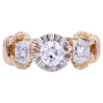 French 1940s Diamond 18 Karat Yellow Gold Platinum Solitaire Ring