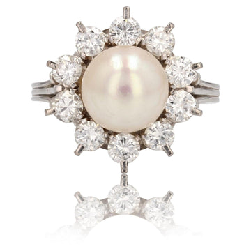 French 1960s Pearl Diamonds 18 Karat White Gold Platinum Flake Ring