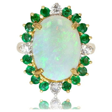 French 1980s 6.40 Carat Opal Emerald Diamond 18 Karat Yellow Gold Ring