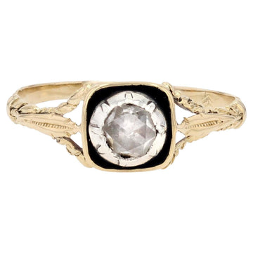 French 19th Century Rose Cut Diamond Black Enamel Solitaire Ring
