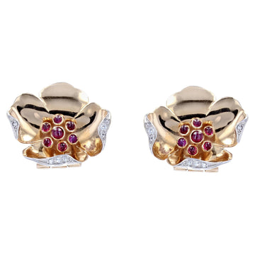 French 1950s Ruby Diamonds 18 Karat Yellow Gold Flower Clip Earrings