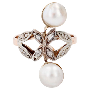 19th Century Duo Mabe Pearls Diamonds 18 Karat Rose Gold Ring
