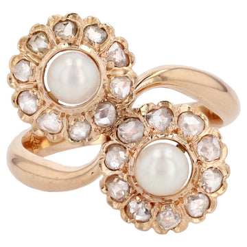 French, 19th Century, Diamonds Pearl 18 Karat Rose Gold Duo Daisies Ring